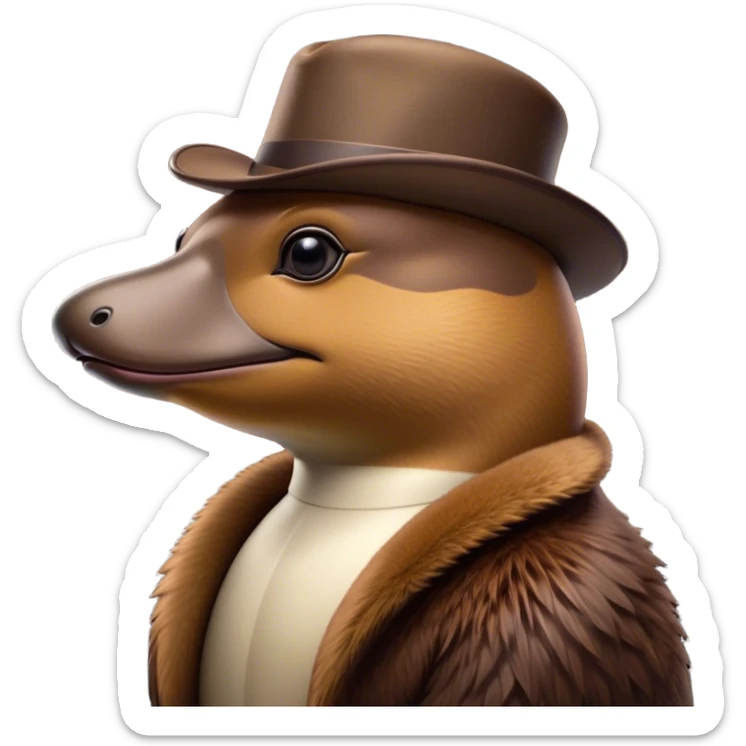 Cinematic Noble Platypus Portrait Emoji, Poised and regal, with a uniquely streamlined build and a sleek brown fur, a distinctive flat duckbill and broad, beaver-like tail, deep-set soulful eyes full of wonder, Simplified yet sharp and sophisticated features, highly detailed, glowing with a soft, dignified glow, high shine, intelligent and enigmatic, stylized with an air of aquatic curiosity, focused and attentive, soft glowing outline, capturing the essence of a watchful and confident oddity, so majestic it feels as though it could glide out of the screen with effortless authority! sticker