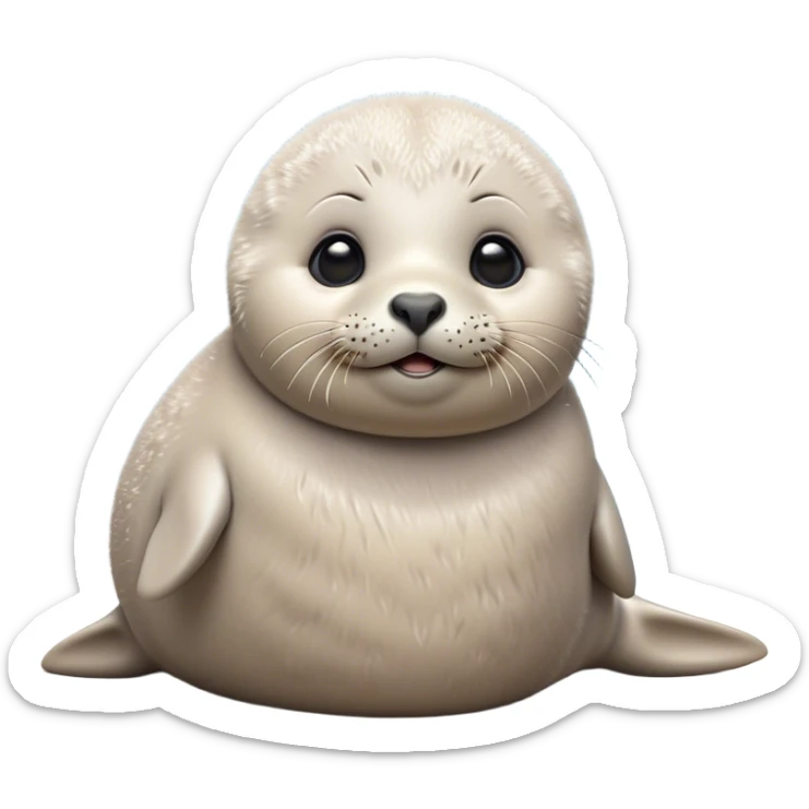 Cinematic Cute Baby Seal Portrait Emoji, Head tilted playfully and inquisitively, featuring a charming, pudgy body with velvety, damp fur, oversized round eyes brimming with innocent wonder, and a soft, cuddly face, Simplified yet irresistibly adorable features, highly detailed, glowing with a warm, frosty glow, high shine, affectionate and lively, stylized with a touch of whimsical polar magic, soft glowing outline, capturing the essence of a mischievous yet loving baby seal that seems as if it could waddle out of the screen into your arms! sticker