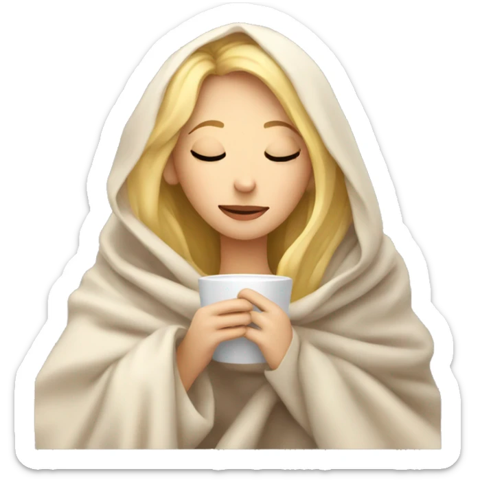 girl inside a blanket sipping coffee eyes closed blonde hair sticker