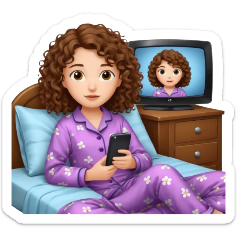 Draw a girl with shoulder-length curly hair, lying in bed watching TV, but make her look at the TV. sticker