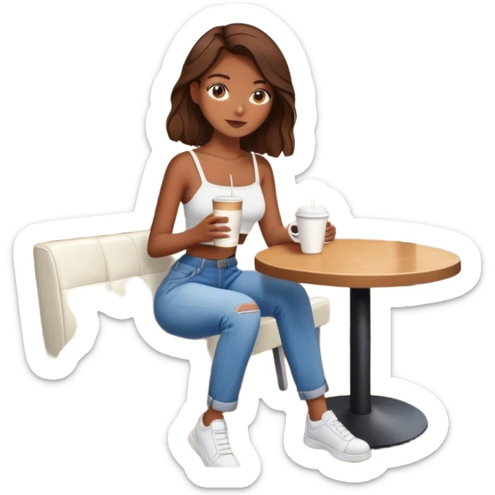 girl with brown hair and a crop top with a white bag and baggy jeans and have a coffee and sitting at the coffee shop  sticker