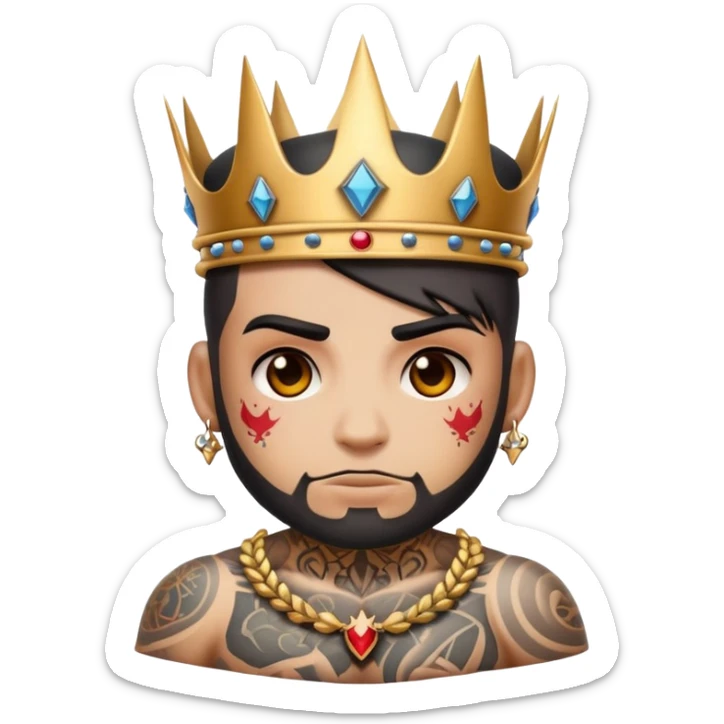 crea un emoji que sea un personaje tatuado con tatuajes del 666 que tenga una corona y que se mire tactico
 sticker