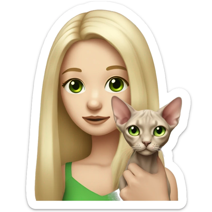blonde girl long hair holding sphynx cat with green eyes  sticker