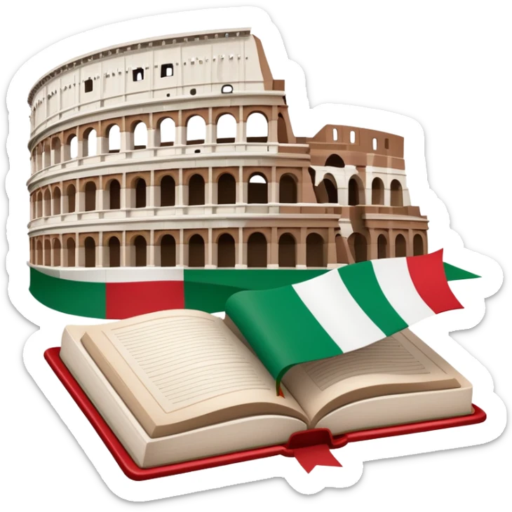 An icon featuring the Colosseum and the flag of Italy, symbolizing the Italian language. The design includes an open book with Italian phrases and a gondola, representing language learning and cultural exploration. Transparent background sticker