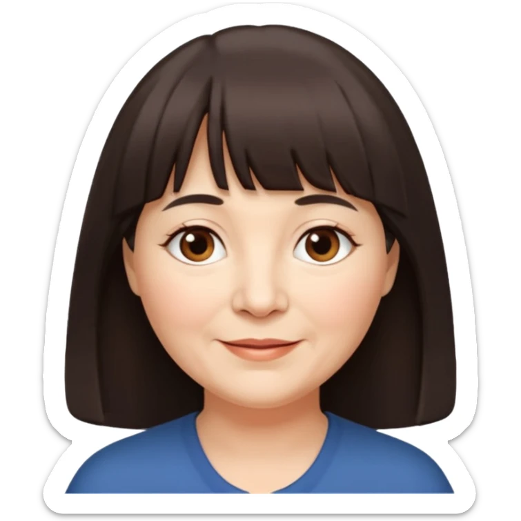 60 yr old woman, very small brown eyes, long hair, straight dark brown hair, bangs, chubby, long face sticker