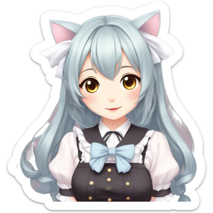 Gorgeous anime style catgirl with blushing face with maid outfit bow tie idol model kawaiicore pearly petite simplistic aesthetic trending style sticker