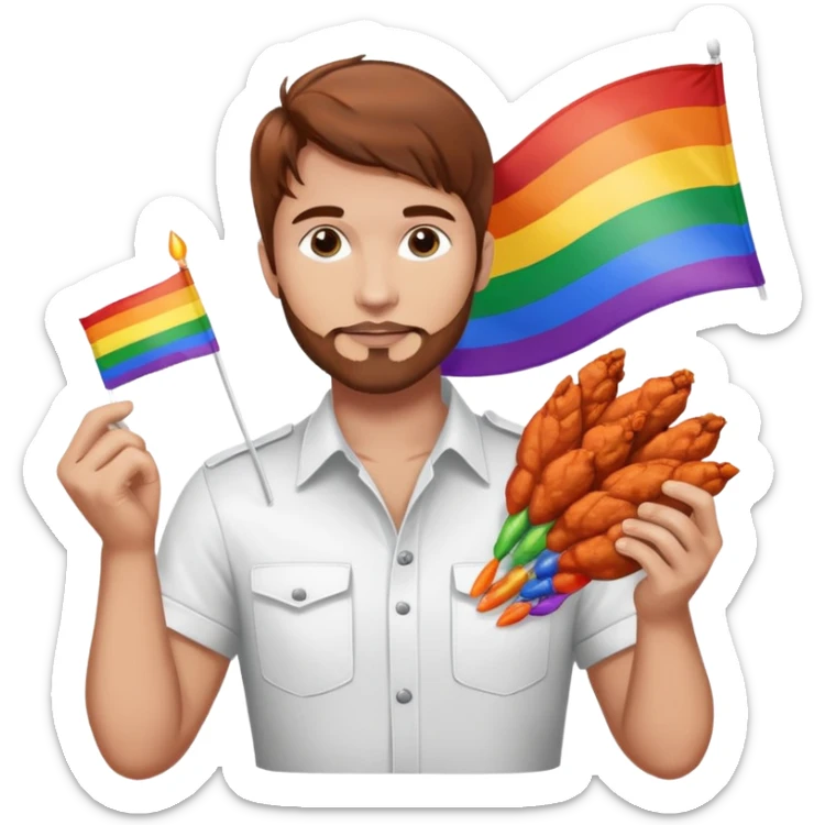 Guy with brown hair holding buffalo chicken wings and a gay pride flag sticker