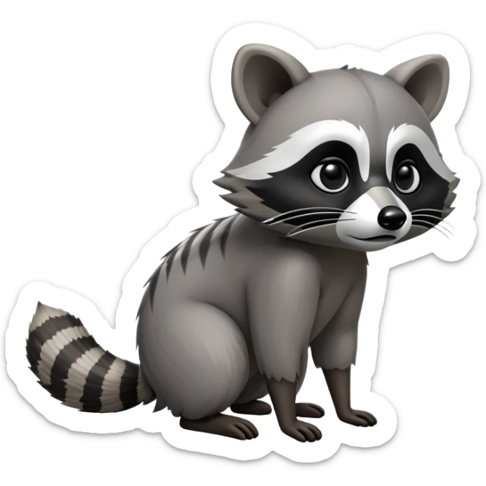 Cinematic-Raccoon-Realistic-hunched Full-Body on all fours-Emoji – Tail flicking lazily, head tilted dramatically, thick grey fur with a signature black mask, sharp and alert ears, simplified yet realistic focused features, highly detailed, glowing with an almost sarcastic glow. big black eyes sticker