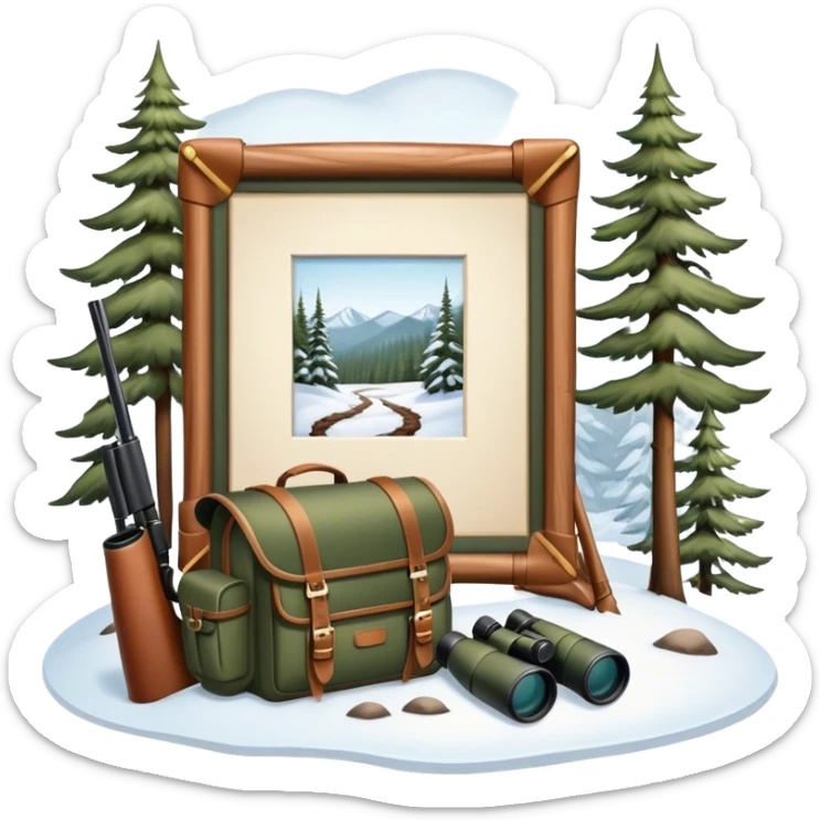 Icon for Hunting Tourism: a hunting rifle, binoculars, and animal tracks in the snow, with a forest background and a hunter’s backpack. The icon should represent the adventure and experience of hunting in nature. Transparent background. sticker