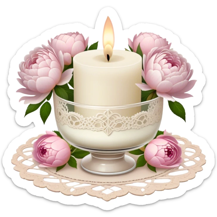 A small ivory wax candle in an ornate glass holder, placed on an antique lace doily, surrounded by loose soft pink rose petals, delicate white peonies, and blush dahlias, casting a warm, vintage glow.
 sticker