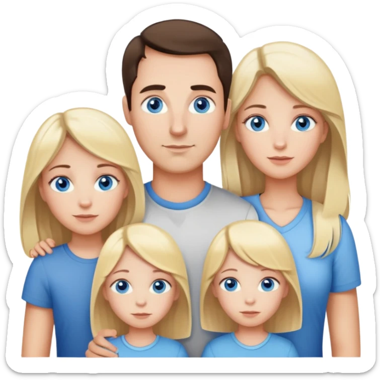 Family portrait with father with dark brown hair and blue eyes, mother with light brown hair and blue eyes, three blonde little girls with blue eyes sticker
