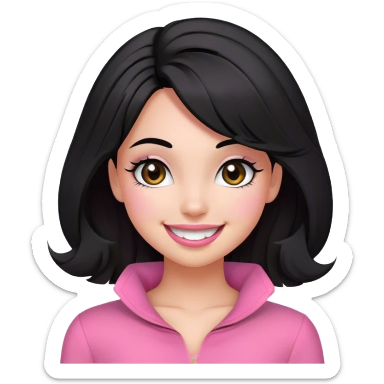 Olive toned girl with big smile, pink clothes, blowout black hair, round cute coquette face, brown eyes with pretty eyelashes sticker