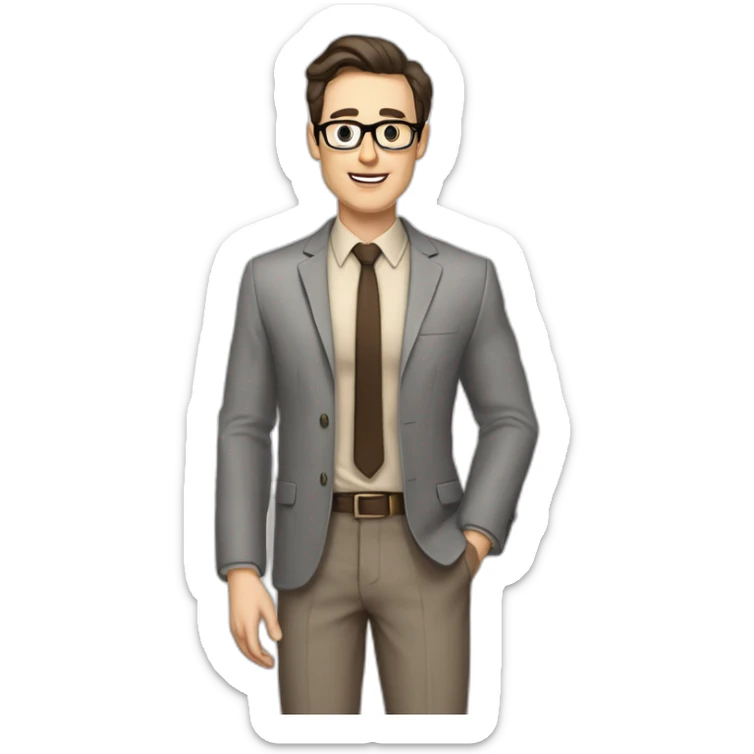 Pale skinned fit man with dark brown hair in gray jacket, beige office shirt, brown tie, brown pants and vintage glasses Writing text on the flipchart sticker