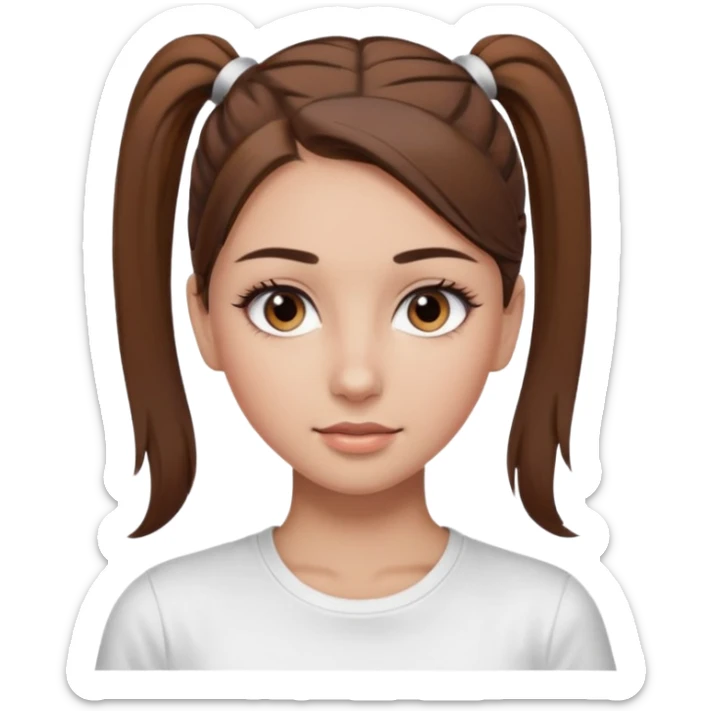 Chica de pelo con una cola de clean look  y marrón con ojos color marrón  y una camiseta blanca y la piel blanca con pestañas y maquillada clean look  sticker