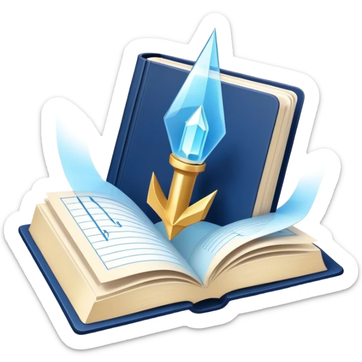 A navy blue productivity book with gold details, chart with upward trend aura, radiating productivity, strategy, and success in motion- sticker