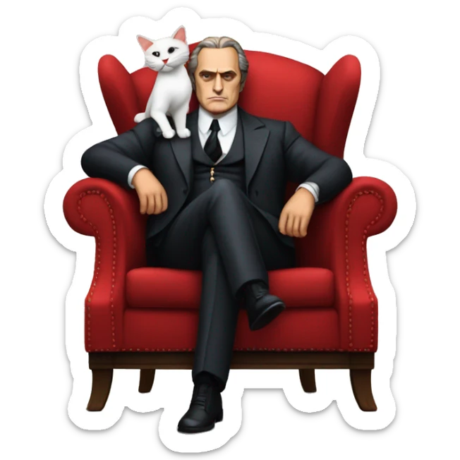 vito corleone as a mafia boss sitting on a red chair petting a white cat on his lap sticker
