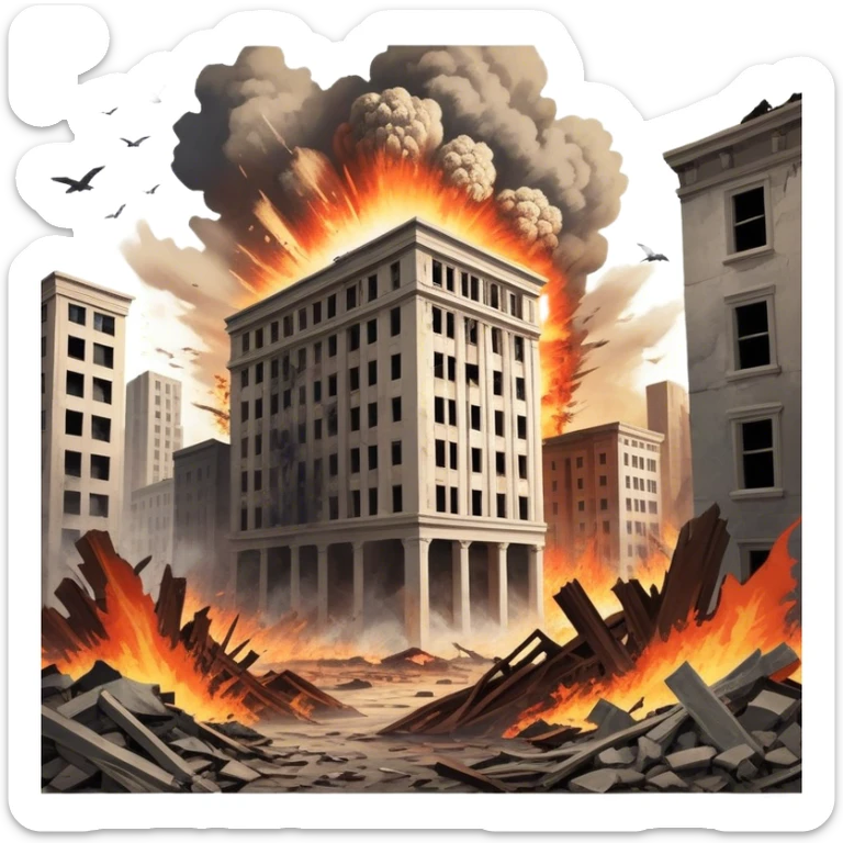 A vintage movie poster-style design with a dramatic scene of a natural disaster like an earthquake, tornado, or tsunami. Include crumbling buildings, flying debris, and fiery explosions. The background should be chaotic, with a cinematic, apocalyptic vibe. Transparent background. sticker