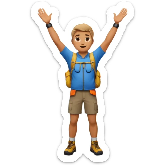 man on top of a mountain, arms raised, apple style emoji sticker