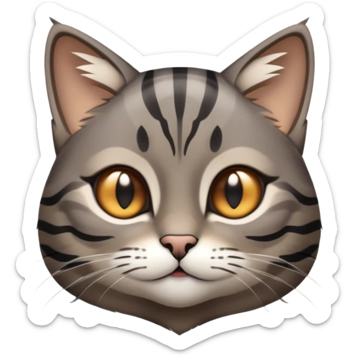 cinematic-cute-grey-and-black-brown-tabby-cat-portrait-emoji,-head-tilted-playfully-and-inquisitively,-sleek-grey-brown-fur-with-bold-black-tabby-stripes-and-a-distinctive-m-shaped-marking-on-the-forehead,-sparkling-amber-eyes,-simplified sticker
