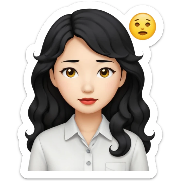 Asian woman, black hair, long permed wavy hair, white button-up shirt, emoji style, flat colors, transparent background. sticker