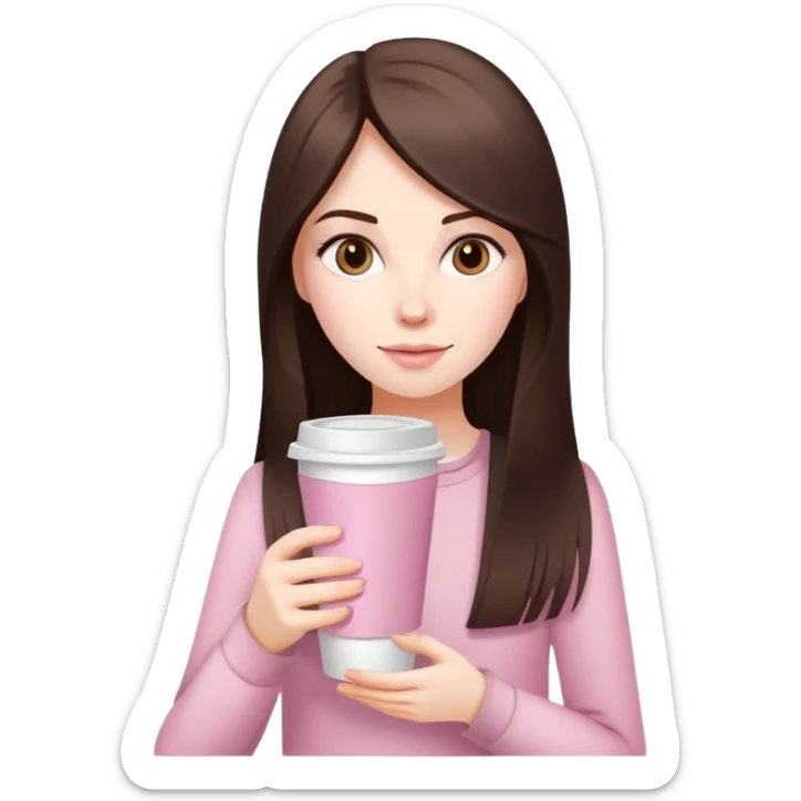 A white girl with long dark brown straight hair and a pale pink paper cup of coffee sticker