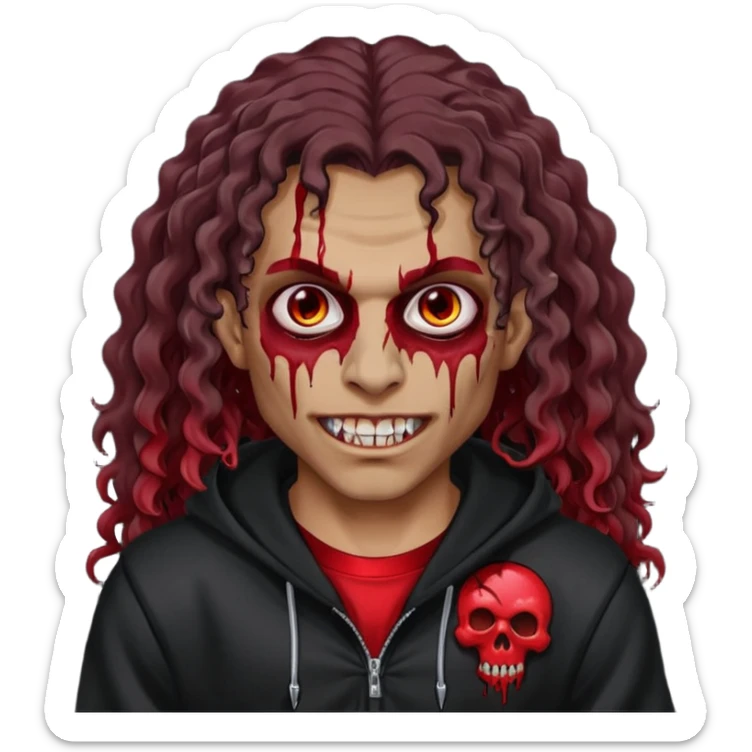 Vampire wearing black hoodie with a skull logo on it, long curly hair, brown skin, fanged teeth, blood under eye sockets/forehead, piercings on eyebrows, long curly hair with a patch (section) of red and blood on hands sticker