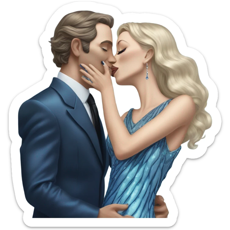 reptilian alien woman, in long slim pastel blue formal party satin dress with gradient shiny sparkling navy blue diamonds embroidered , and caucasian man in black dress kissing sticker