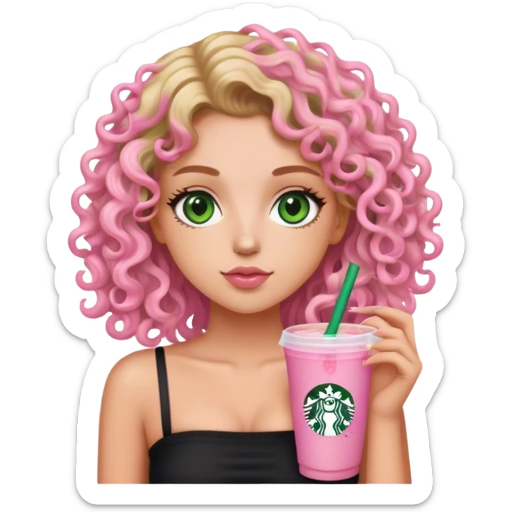a slightly tan but white girl with curly wavy hair and green eyes wearing a black tube top holding a starbucks pink lemonade facing forward aesthetic  sticker
