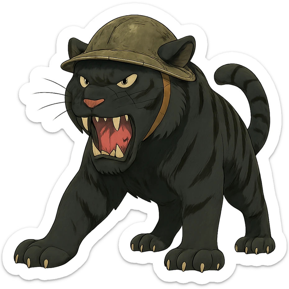 ghibli style illustration of a big black tiger, angry, wearing a helmet sticker