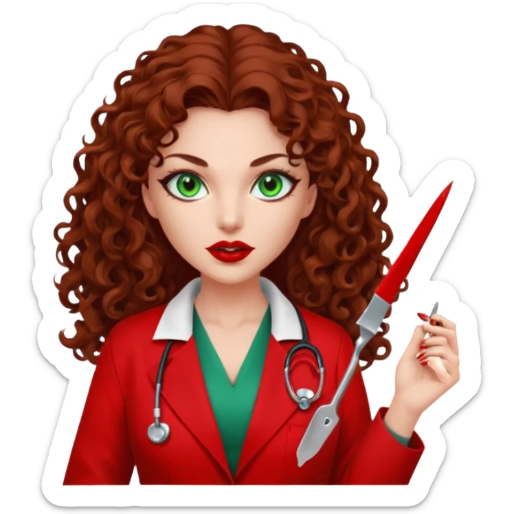 Lilith symbol seductress evil woman. She has green eyes.  had brown long curly hair.  evil surgeon kills with scalpel wears red sexy doctor coat with red mouth cover sticker