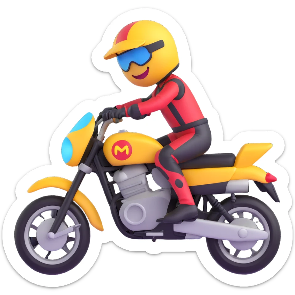 3D smiley emoji, round shape, wearing motocross helmet, with motorcycle, sporty face, transparent background (motocross) sticker