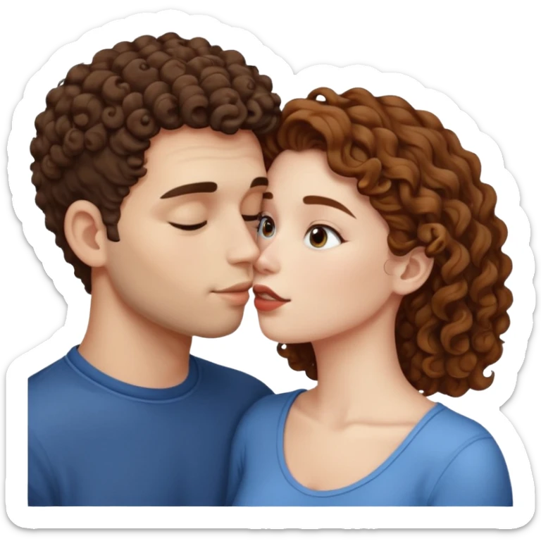 A couple kissing, the man would be white-skinned, mid fade-curly, brown-hair. The serious woman with white skin, brown color sticker