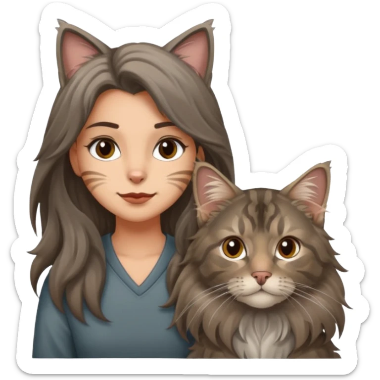 Emojis de una chica de pelo castaño largo sujetando un gatito gordo peludo mainecoon de colores gris negro y marrón  sticker
