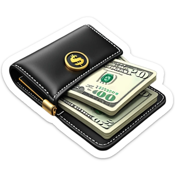 Rich emoji style black leather wallet with dollar bills, luxury money vibe, premium 3D emoji, ultra clean, high detail, no background
 sticker