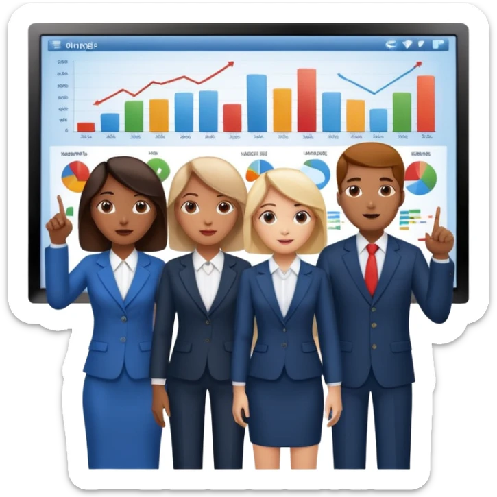 group of people pointing at a digital presentation screnn full of charts and graphs sticker