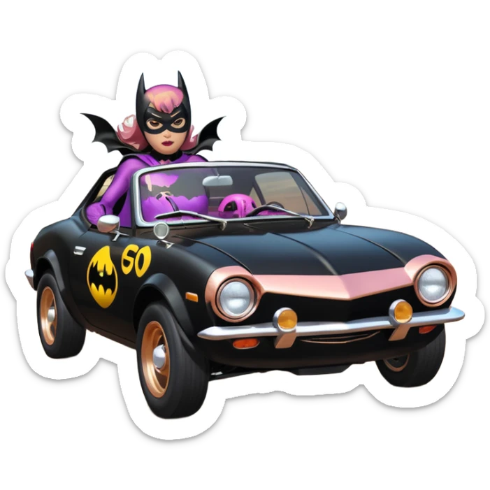 Relaxed adult 60’s Batgirl’s crime fighting themed Satin black and rose gold painted Scion FR-S pursuit vehicle hot rod off road capable  sticker
