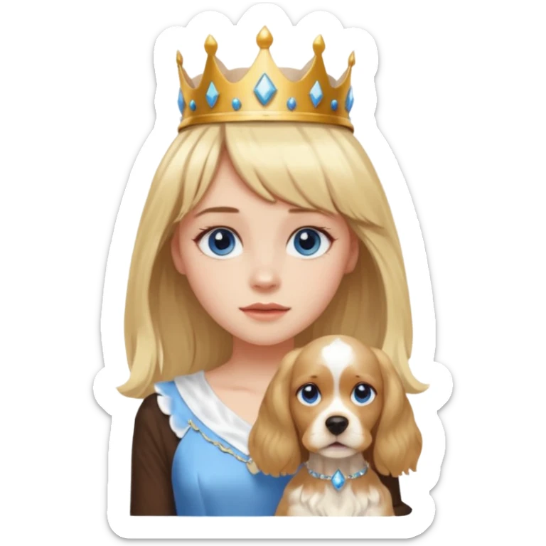 simple Blonde girl with bangs and blue eyes, and a simple crown. giving cockerspaniel energy sticker