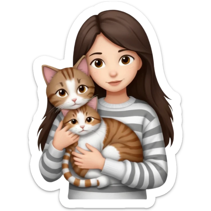 a girl with long dark brown hair, in a
white sweater and brown eyes, hugs a tabby
grey and white strips one cat. sticker