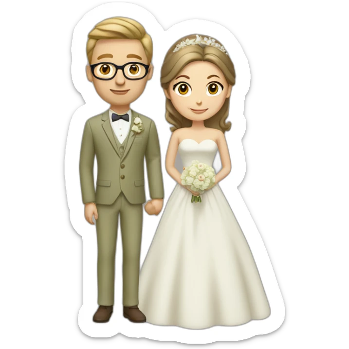 Wedding couple. She has brown Hair and a chignon. He has a light olive green suit with a brown vest. He wears glasses and is blond. sticker