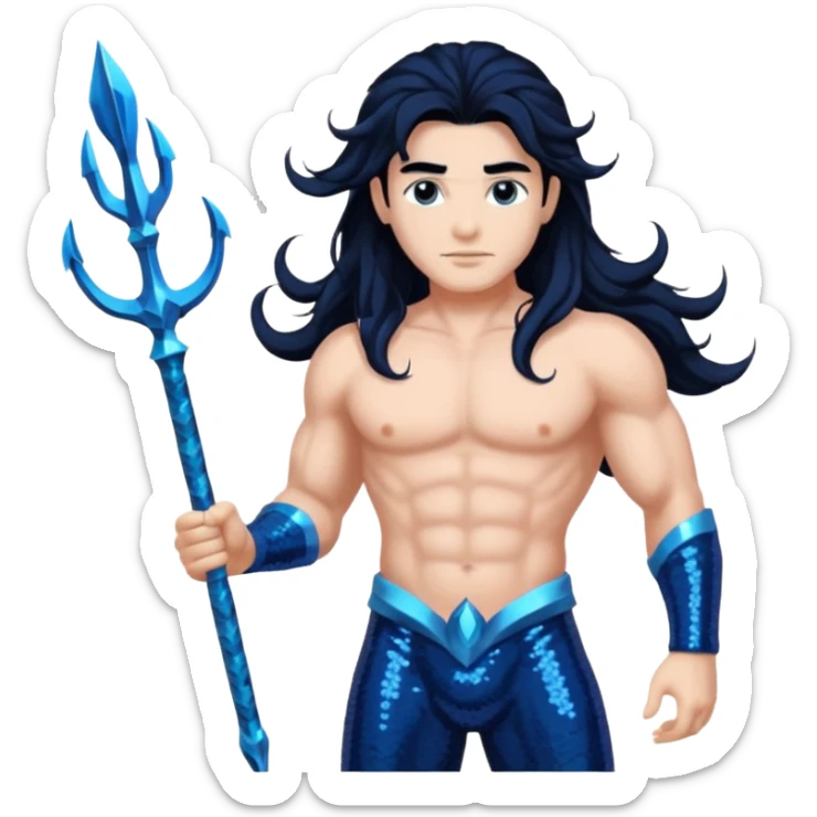 Neptune, God of Sea from Gods and Goddesses with long jet black hair, dark blue sequin outfit sticker