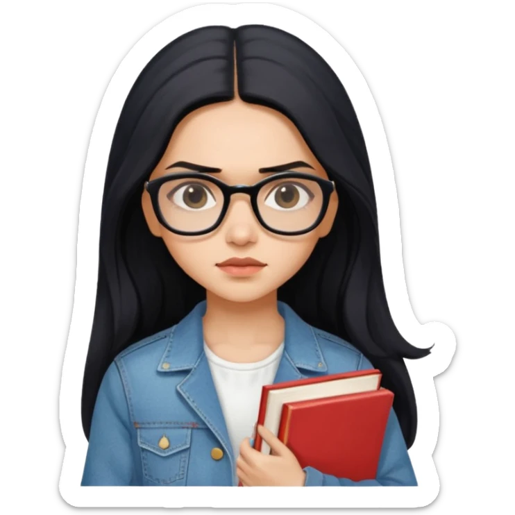 generate a pretty bratz emoji 
Make her wear a white dress with a denim jacket over it.long  black hair in a side part. Holding books

She should look exactly  like Deepika padukone! wearing tiny rectangular spectacle, looking sad sticker