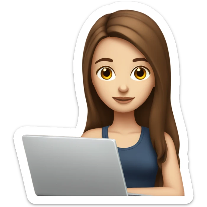 White girl with long brown hair and brown eyes with laptop sticker