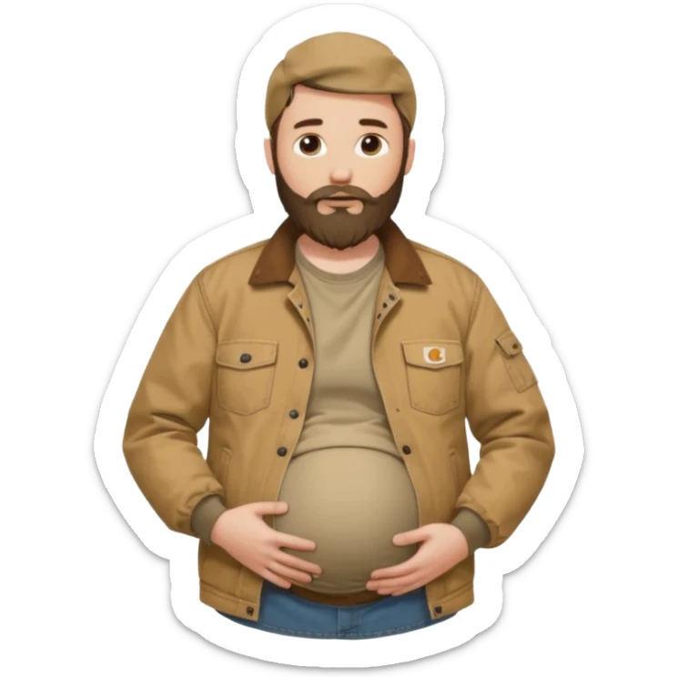 Bearded man rubbing pregnant belly poking out of shirt wearing a tan canvas carhartt jacket sticker
