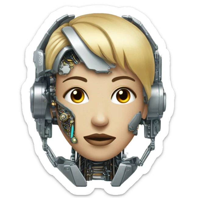 female cyborg head with metallic plated face, blonde bobbed hair and circuitry sticker