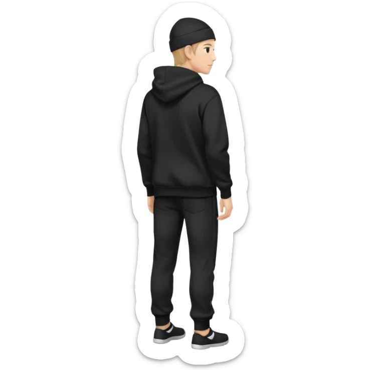 fullbody caucasian man in black hoodie on head, hands in pockets and black pants rear backview sticker