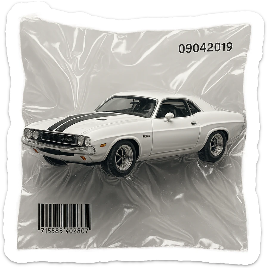 white 1971 Dodge Challenger muscle car, glossy and puffy, inspired by the movie 'Death Proof' sticker