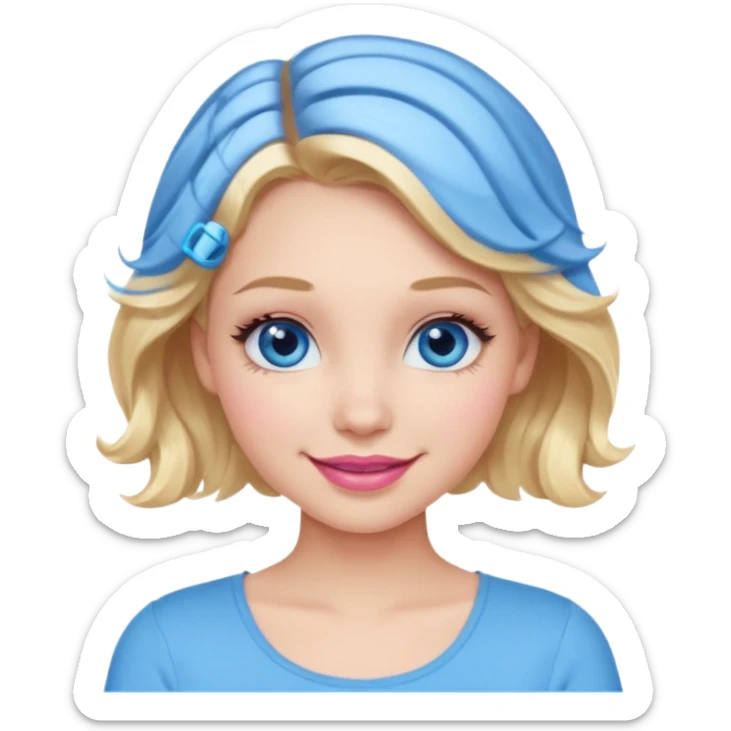 Girl Blonde short wavy hair,  blue eyes, cute blue top, long lashes, pink lips, smiling, 💁🏻‍♀️  sticker