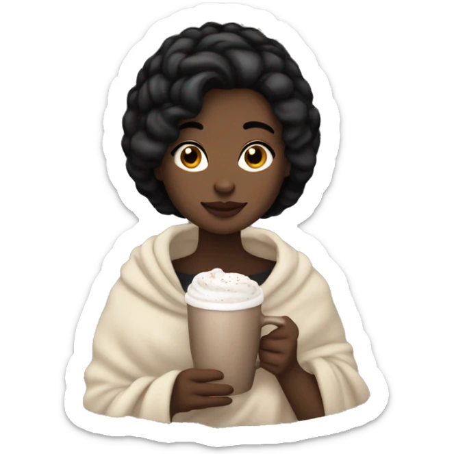 white girl with short black hair cozy with a blanket and hot chocolate  sticker