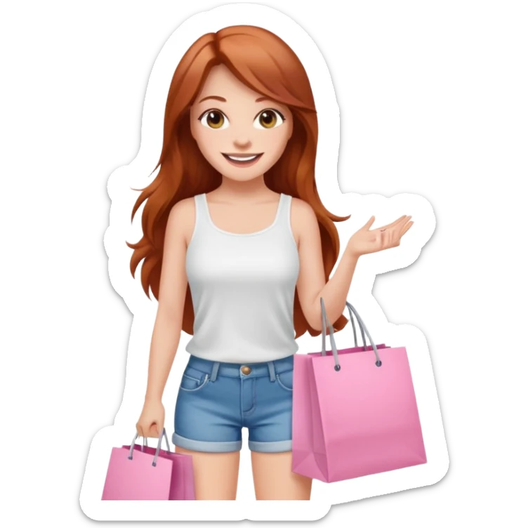Mujer joven blanca de contextura media sonriendo con cabello largo cobrizo vestida con top blanco y short de jean con bolsas de compras color rosa sticker