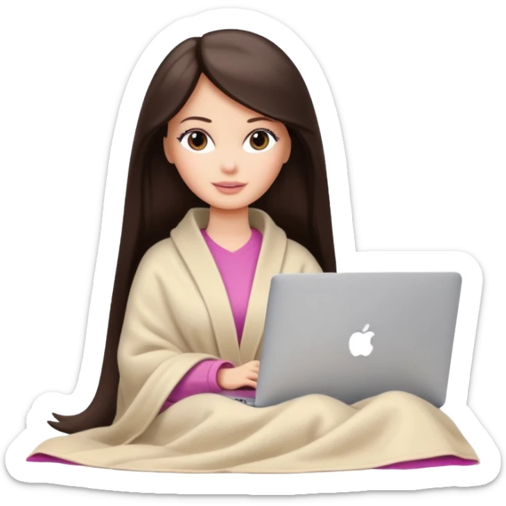 Barbie girl with a long straight dark brown hair inside a pale beige blanket working macbook  sticker
